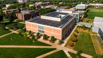 A drone shot of the I.D. Weeks Library, located on the USD campus.