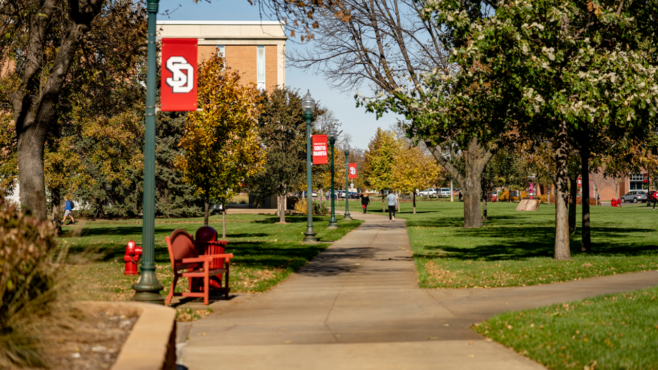 Tree-lined sidewalk on the University of South Dakota campus with red banners, green grass, autumn leaves and a few students walking in the distance.