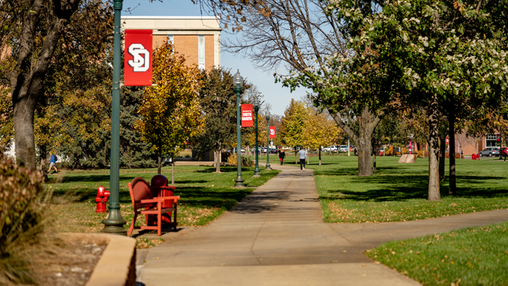 Tree-lined sidewalk on the University of South Dakota campus with red banners, green grass, autumn leaves and a few students walking in the distance.