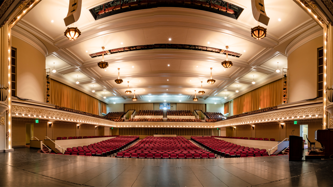 The Aalfs Auditorium stage looking out into the audience.