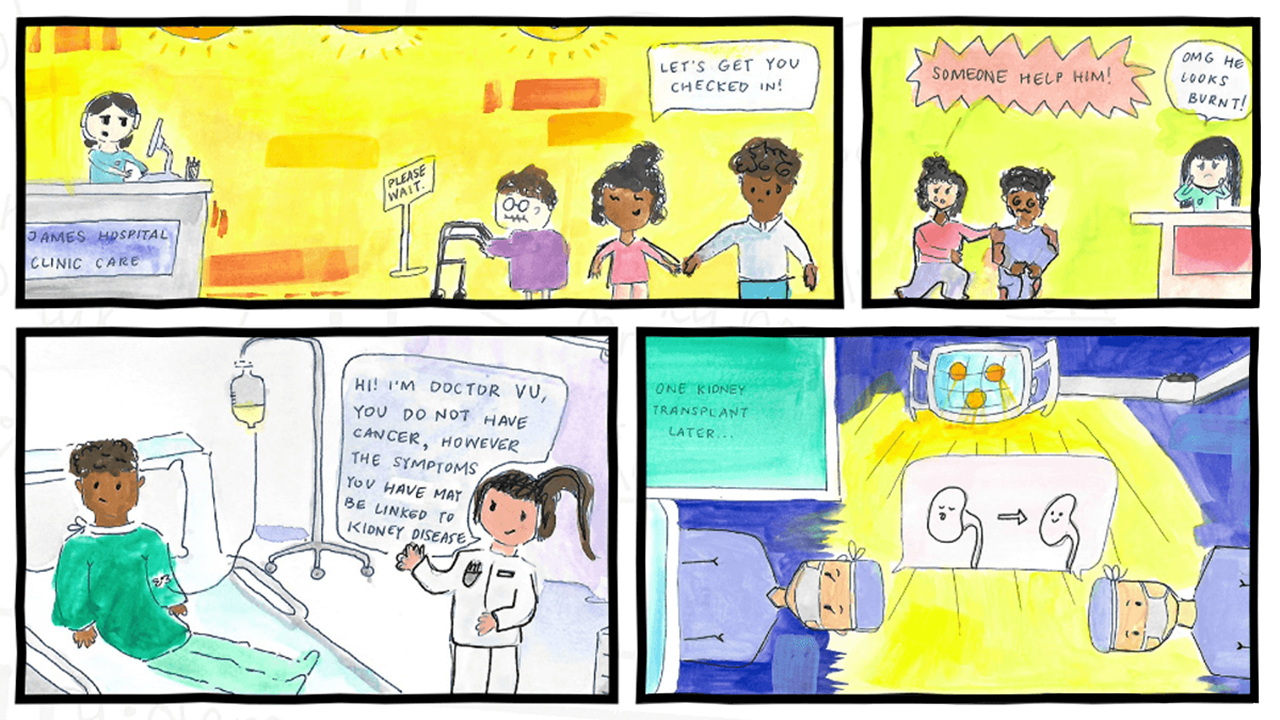 A series of graphic comics, most on a yellow and white background, that depict healthcare scenarios to help medical students better understand patient experiences.
