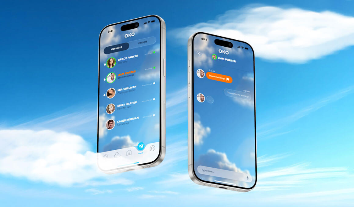 This photo shows a rendering of the OKO app on a cell phone against a blue background with white clouds. The cell phone displays a chat feature with a few chat users, regarding a discussion on severe weather.