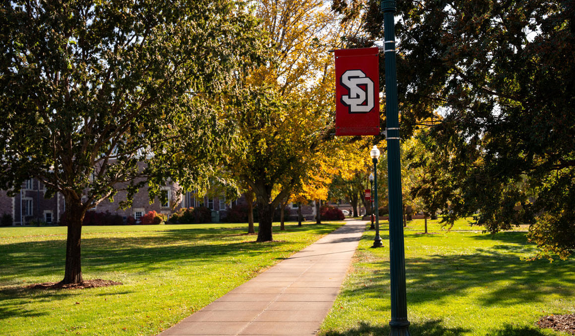 A view of the USD campus, filled with trees that are just beginning to change into fall colors, with a building slightly visible in the background. In the foreground, a sidewalk path is shown, along with a lamp post that has a red and white USD banner attached to it.