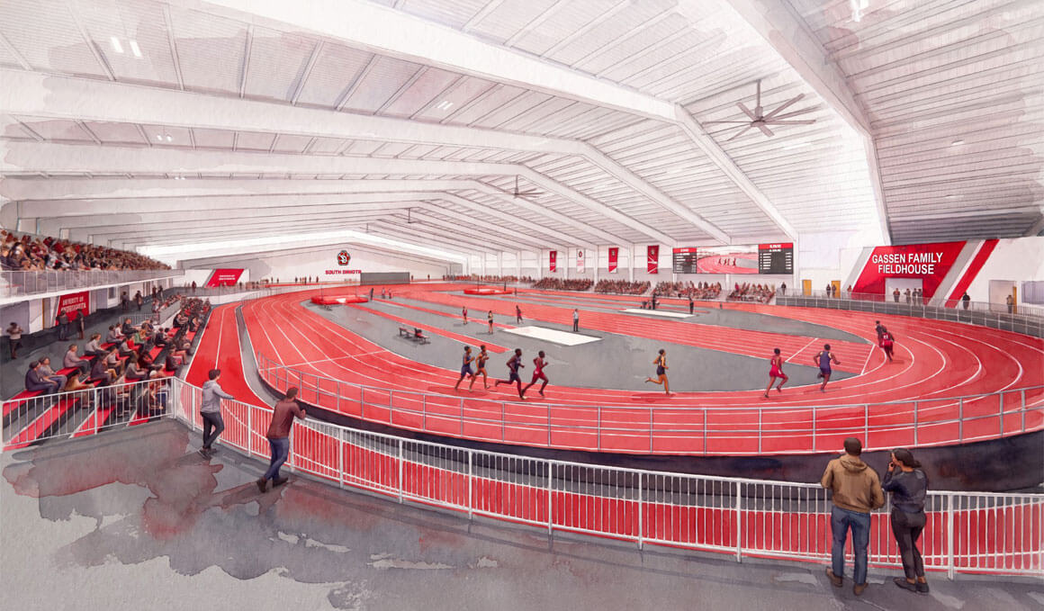 This photo shows an artist renderin that displays the interior of the Gassen Family Fieldhouse, which will be the new home of USD track and field.