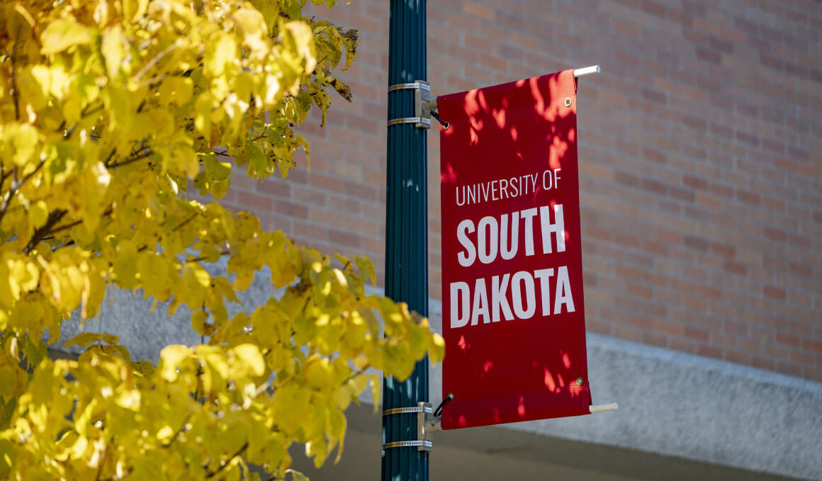 A close up of a branded, red banner that reads "University of South Dakota" in white lettering. Next to it are the fall leaves of a tree, with a brick building in the background.