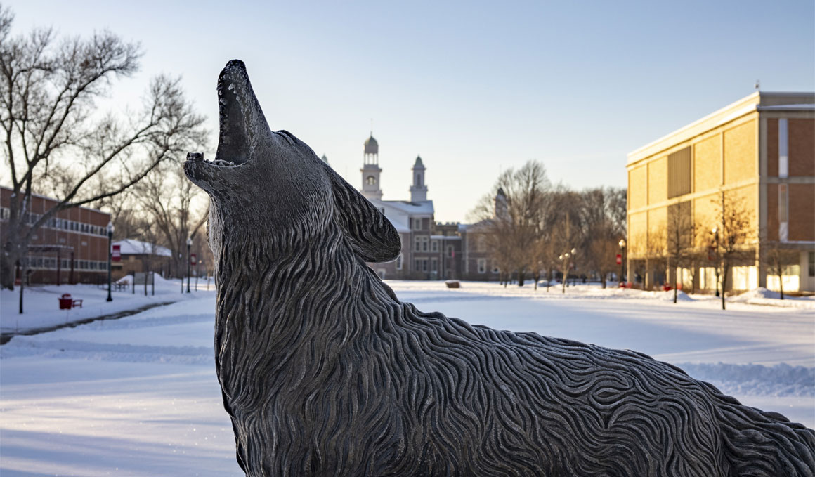 A close up of the Coyote Legacy statue sits on a snowy USD campus, with Old Main visible in the background.