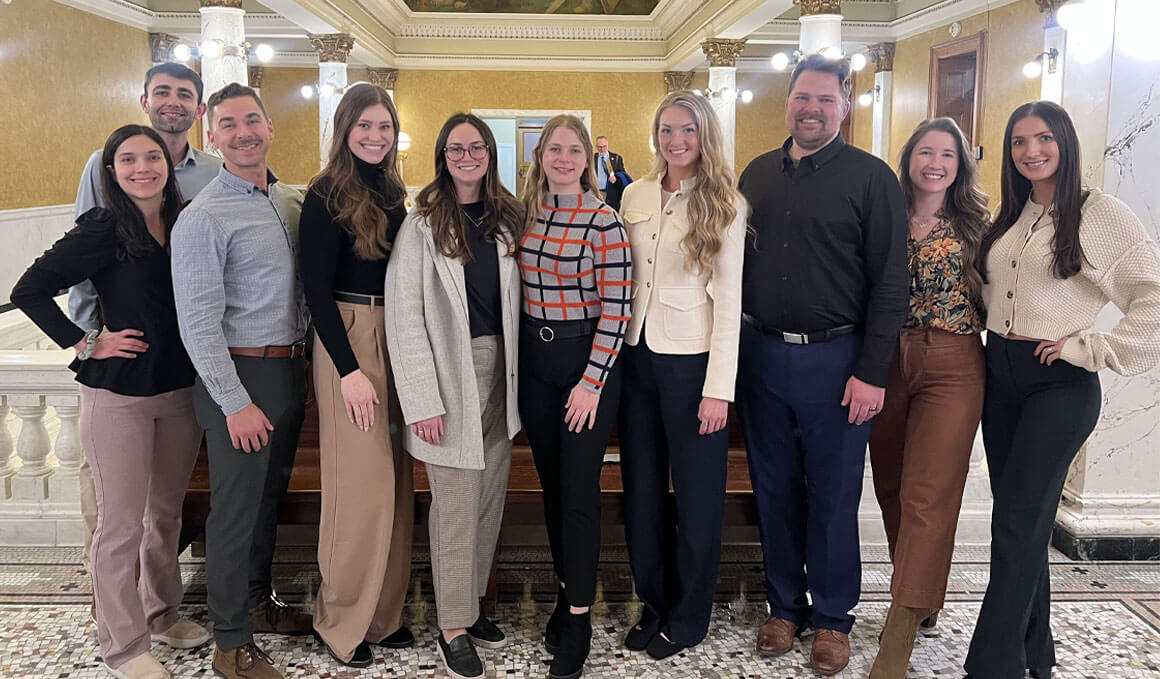 USD students from the Health Policy and Physician Leadership course stand in the Capitol in Pierre, South Dakota.