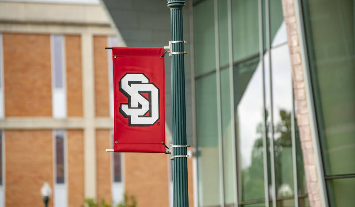 A red, USD branded banner is attached to a light pole in front of the Muenster University Center.