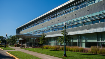A photo of the front of Beacom Hall.