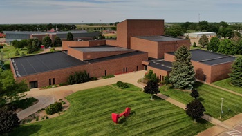 A drone photo of the Fine Arts building.