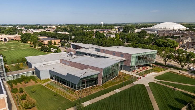 A drone shot of the Muenster University Center and DakotaDome A drone shot of the Muenster University Center and DakotaDome