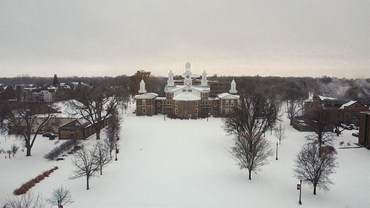 Old Main is centered on USD's campus. It's a snowy, gray day. Old Main is centered on USD's campus. It's a snowy, gray day.