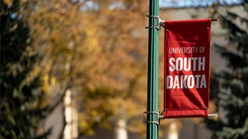 A close up of a USD banner in the fall. 
