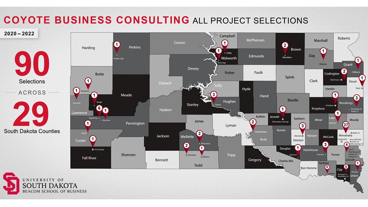 A map of South Dakota where all the Coyote Business Consulting Group teams have helped small businesses. A map of South Dakota where all the Coyote Business Consulting Group teams have helped small businesses.
