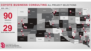 A map of South Dakota where all the Coyote Business Consulting Group teams have helped small businesses. A map of South Dakota where all the Coyote Business Consulting Group teams have helped small businesses.