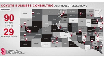 A map of South Dakota where all the Coyote Business Consulting Group teams have helped small businesses.