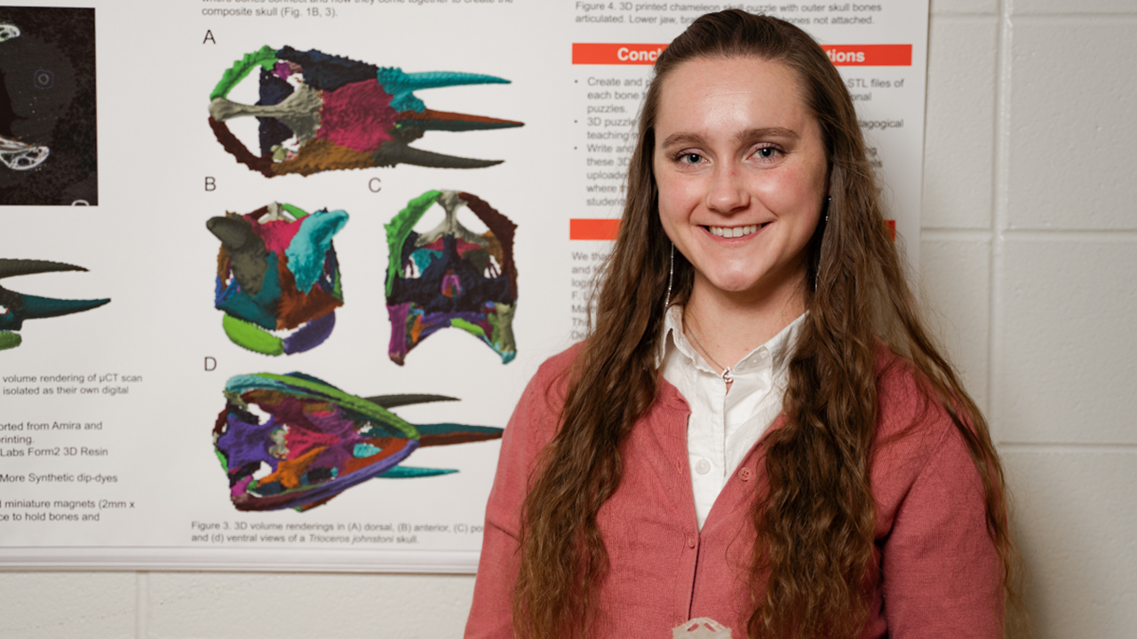 A girl stands in front of a poster that has colored-coded chameleon skulls printed on it.