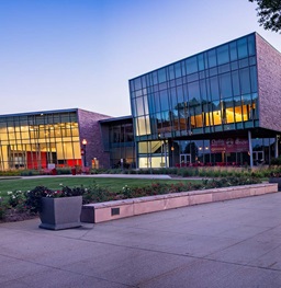 A wide view of the Muenster University Center during sunset.