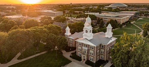 An overhead shot of main campus during the sunset.