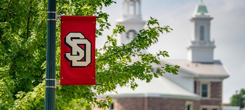 A USD Flag in front of old main.