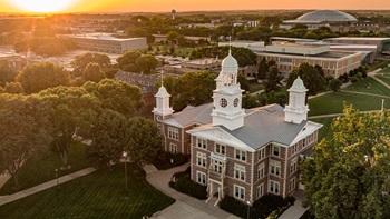 Drone photo of campus featuring Old Main