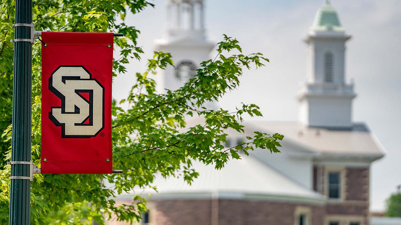 Photo of a USD flag with the top of Old Main in the background