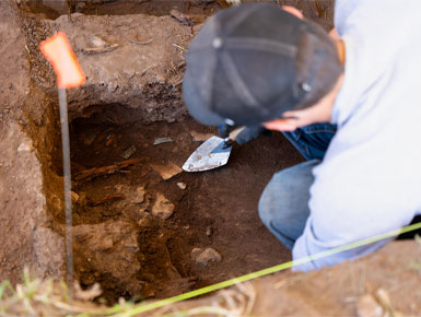 A student unearths an artifact during the 2026 USD Archaeology Field School trip.