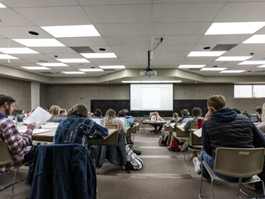 A wide shot of Tom Horton's classroom.