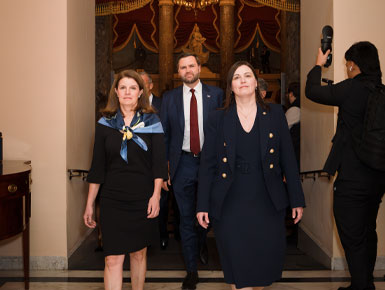 Jackie Barber leads the Senate in a procession to the Chamber of the U.S. House of Representatives alongside Betsy Holahan, chief of staff to the Senate sergeant at arms and doorkeeper, and Vice President JD Vance. Official U.S. Senate photo taken by Ryan Donnell and shared with permission by Jackie Barber.