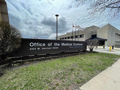 A photo of the sign at the Office of the Medical Examiner in Cook County, Illinois.