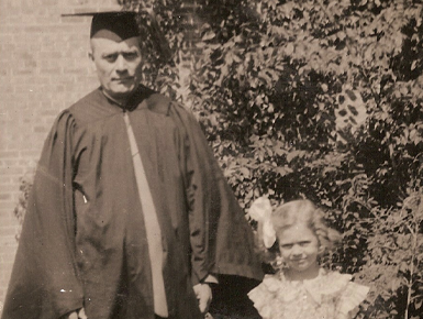A historical photo of Theodore Halla in a graduation gown with his daughter Margaret Cash Wegner.