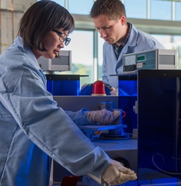 Graduate student collaborate in the lab on research