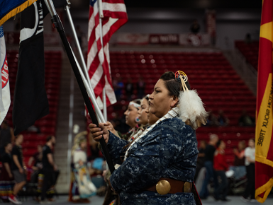 A line of people holds up flags at a Wacipi.